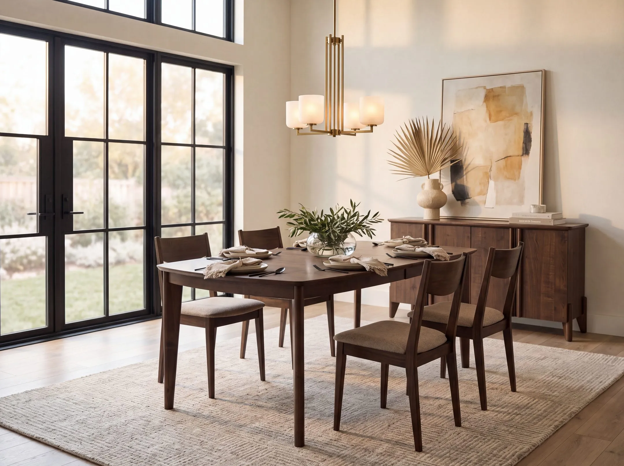 Amelia Table with Uptown Pueblo Side Chairs and credenza room setting