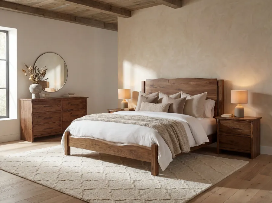 Timber Live Edge Bed with dresser and nightstands room setting