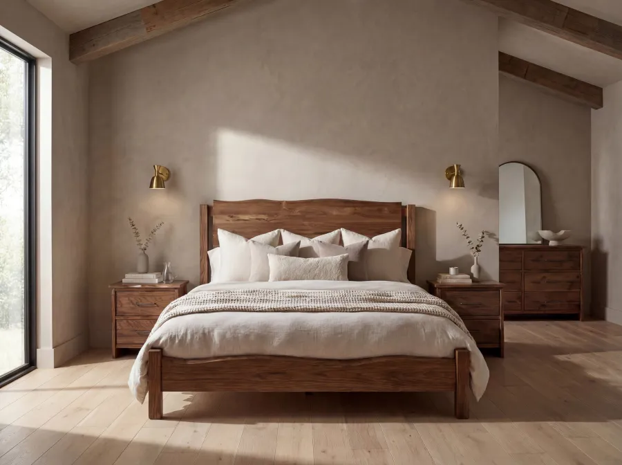 Timber Live Edge Bed with dresser and nightstands room setting