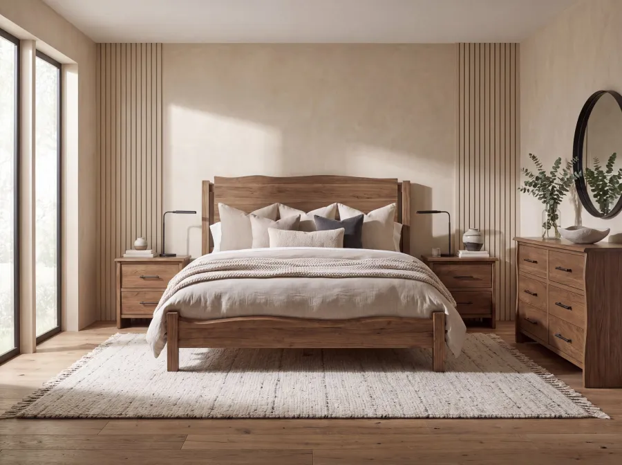 Timber Live Edge Bed with dresser and nightstands room setting