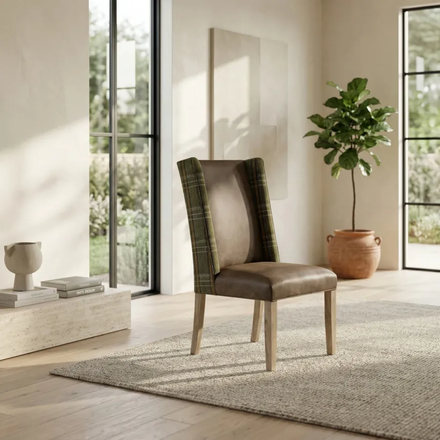 Sterling Chair with green plaid fabric and leather lifestyle image